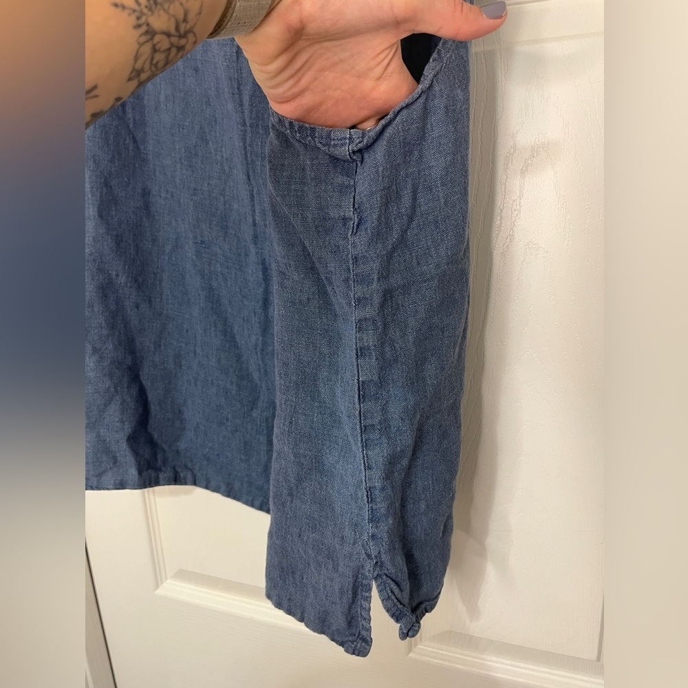 Flax L Denim Blue Linen Shirt Sleeveless Pullover Solid Boxy Minimalist - Picture 7 of 7